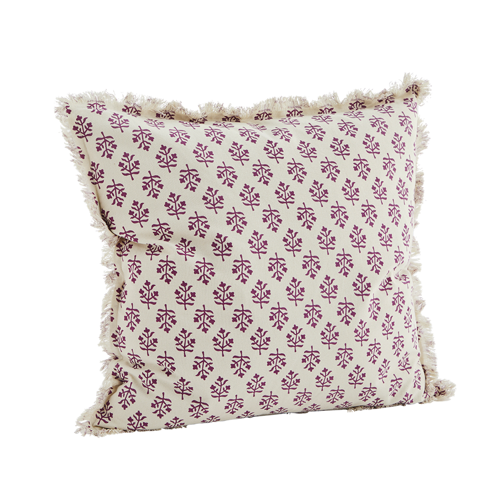Printed cushion cover w/ fringes, Off white/fuchsia