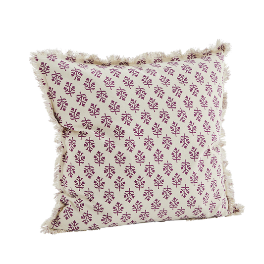 Printed cushion cover w/ fringes, Off white/fuchsia