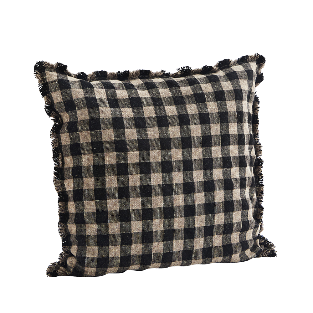 Stonewashed Cotton Checked cushion cover w/ fringes, Brown/Black