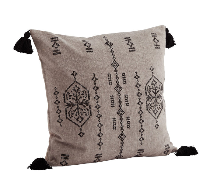 Embroidered cushion cover w/ tassels, Greige/Black, 50x50cm