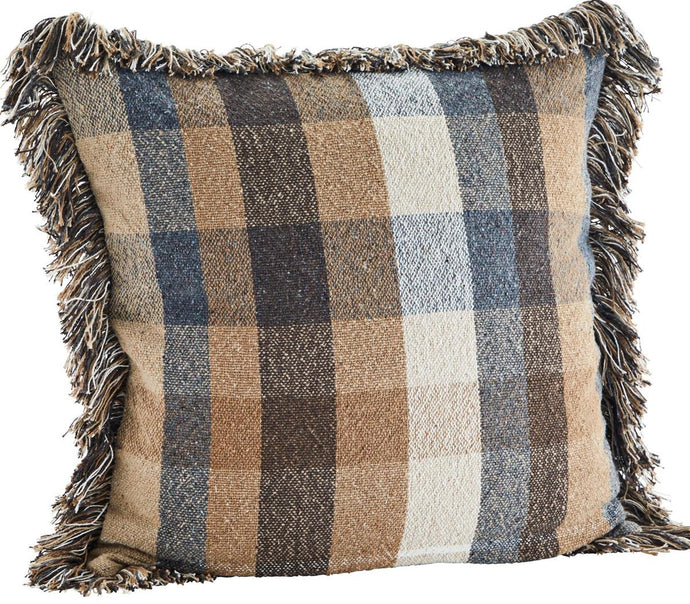 Checked cushion cover w/ fringes, Camel, brown, blue, white