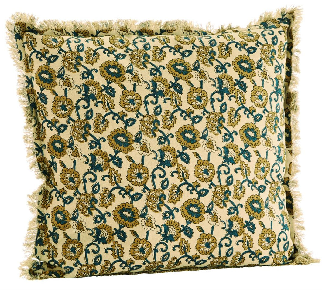 Printed cushion cover w/ fringes, Sand, mustard, teal