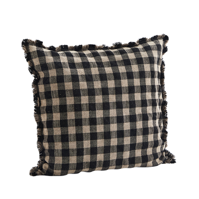Stonewashed Cotton Checked cushion cover w/ fringes, Brown/Black