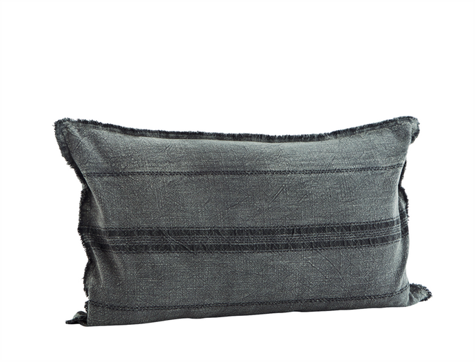* SPECIAL 30% OFF Stonewashed Cotton Cushion cover w/ fringes, dark grey/black. Size 45x70cm