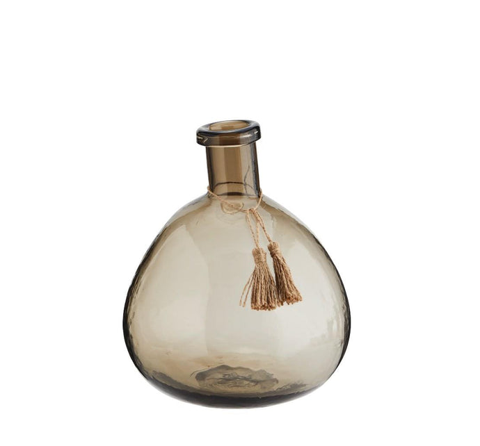 Round Glass vase, brown w/tassels