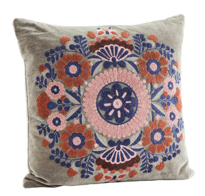 Velvet cushion cover w/ embroidery - Grey, old rose, blue, burnt orange, burgundy