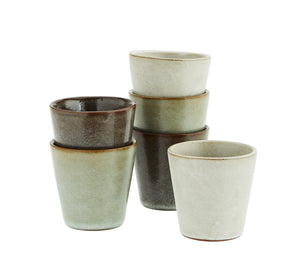 Stoneware cups, set of 6 in Light stone/soft green/dark taupe