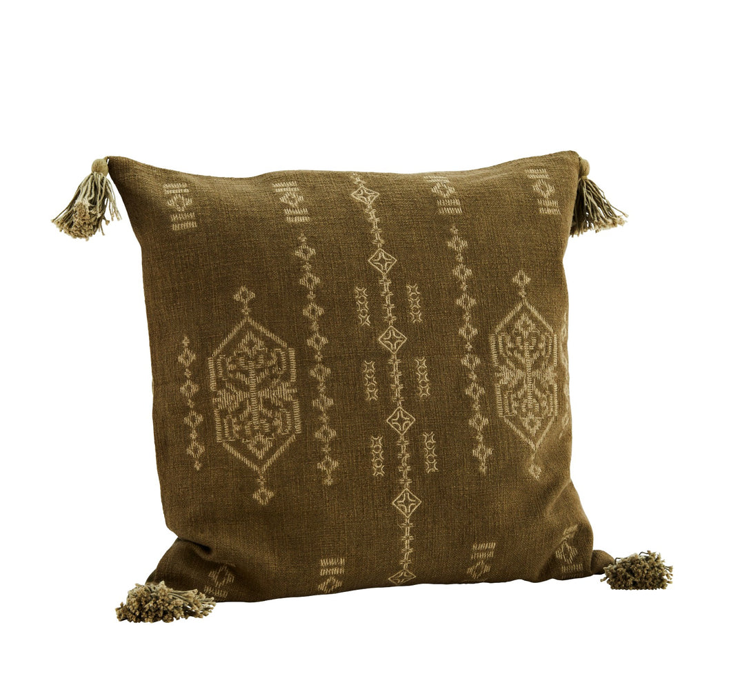 Embroidered cushion cover w/ tassels, Olive/green 50x50cm